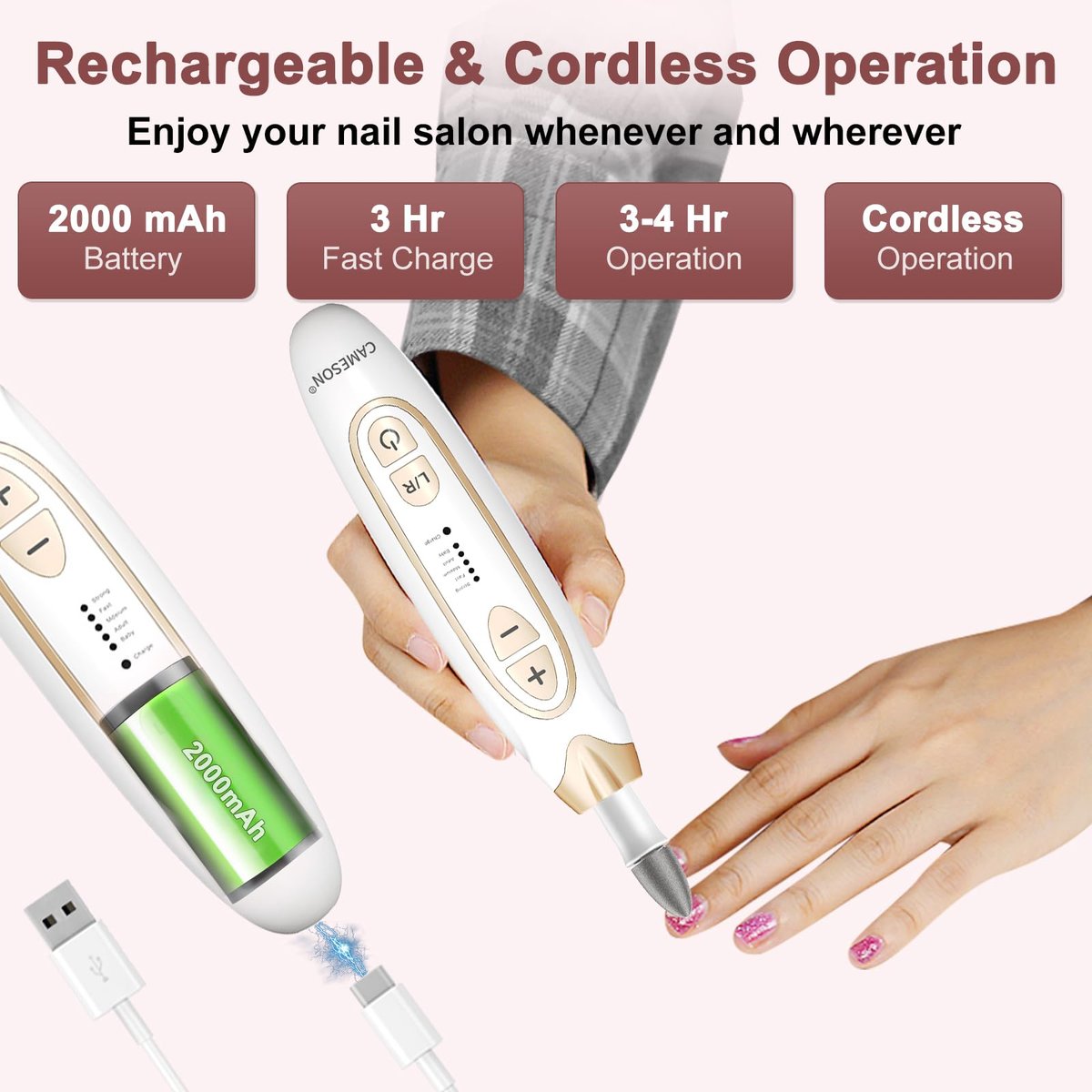 CAMESON Electric Toenail Grinder for Thick Toenails – Cordless Rechargeable Nail File & Buffer, Manicure & Pedicure Kit for Men, Women, Seniors Avelisse
