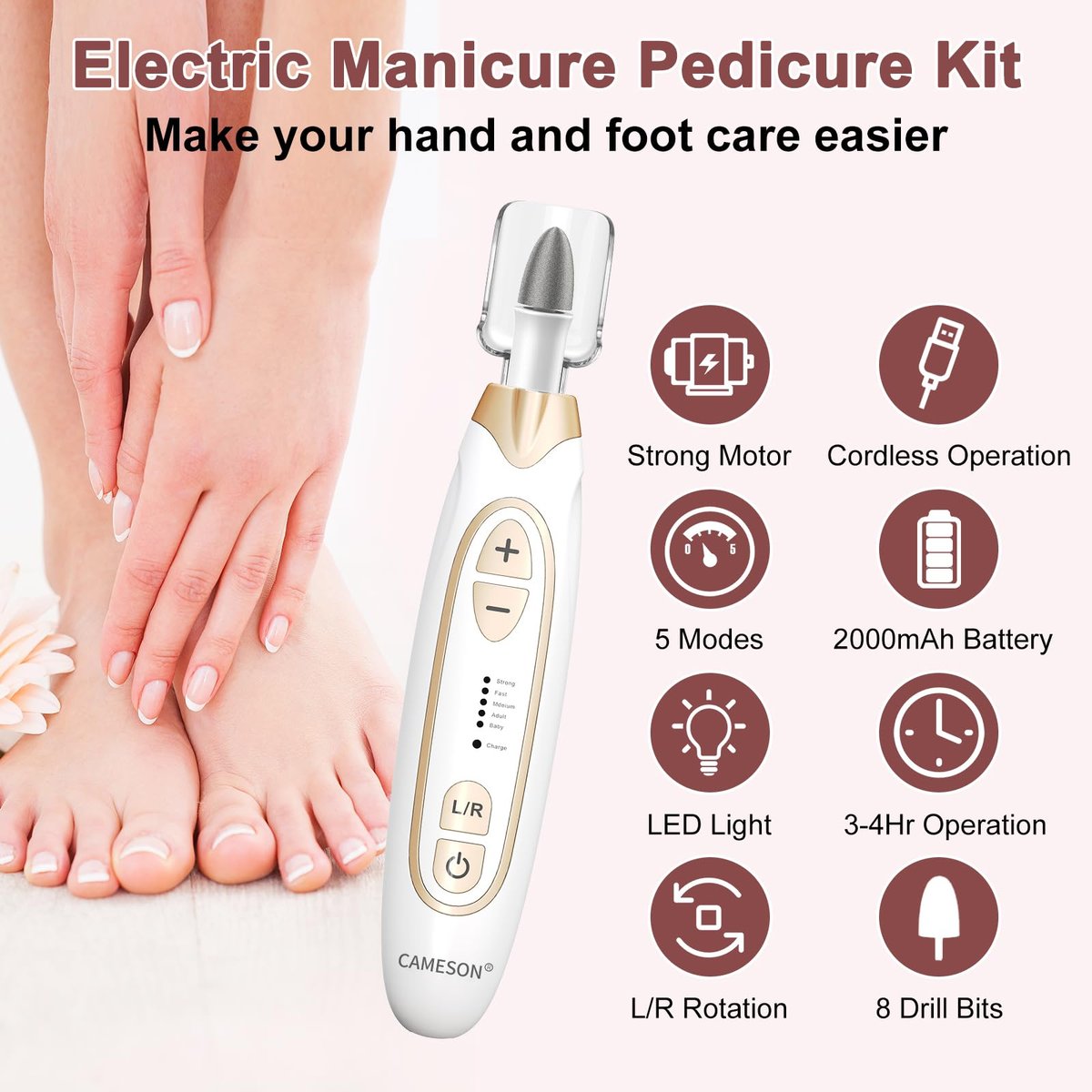 CAMESON Electric Toenail Grinder for Thick Toenails – Cordless Rechargeable Nail File & Buffer, Manicure & Pedicure Kit for Men, Women, Seniors Avelisse
