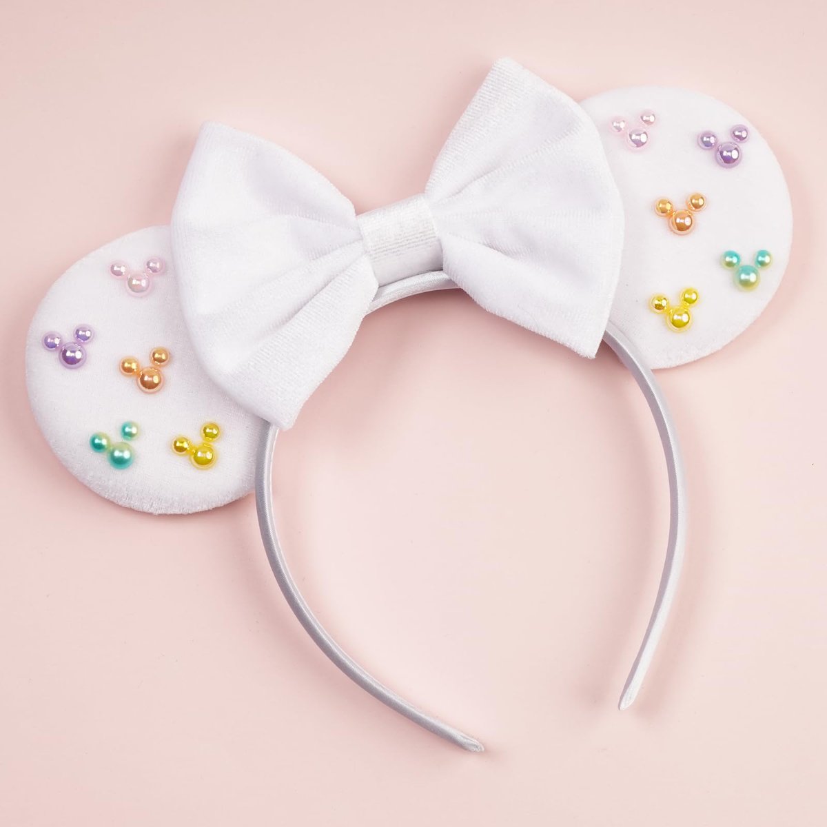 White Velvet Mouse Ears Headband with Matte Bow & Candy-Colored Pearls - Bianbaistar Birthday & Theme Park Accessory - görsel 15