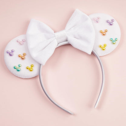 White Velvet Mouse Ears Headband with Matte Bow & Candy-Colored Pearls - Bianbaistar Birthday & Theme Park Accessory