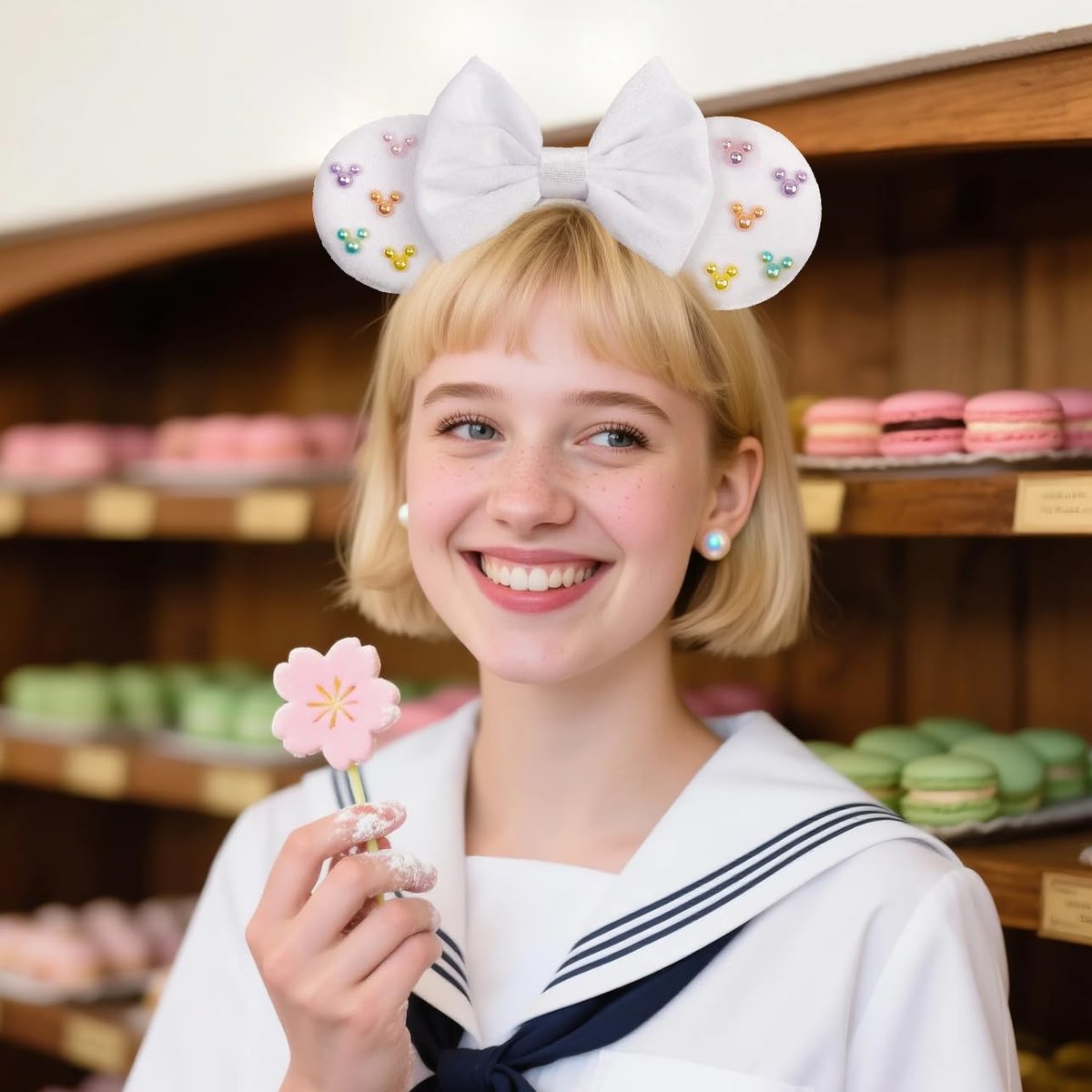 White Velvet Mouse Ears Headband with Matte Bow & Candy-Colored Pearls - Bianbaistar Birthday & Theme Park Accessory - görsel 3