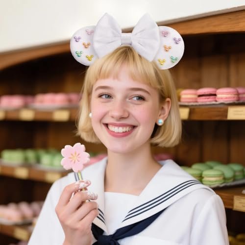 White Velvet Mouse Ears Headband with Matte Bow & Candy-Colored Pearls - Bianbaistar Birthday & Theme Park Accessory - görsel 4