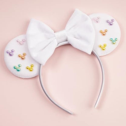 White Velvet Mouse Ears Headband with Matte Bow & Candy-Colored Pearls - Bianbaistar Birthday & Theme Park Accessory