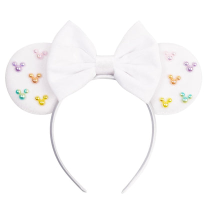 White Velvet Mouse Ears Headband with Matte Bow & Candy-Colored Pearls - Bianbaistar Birthday & Theme Park Accessory