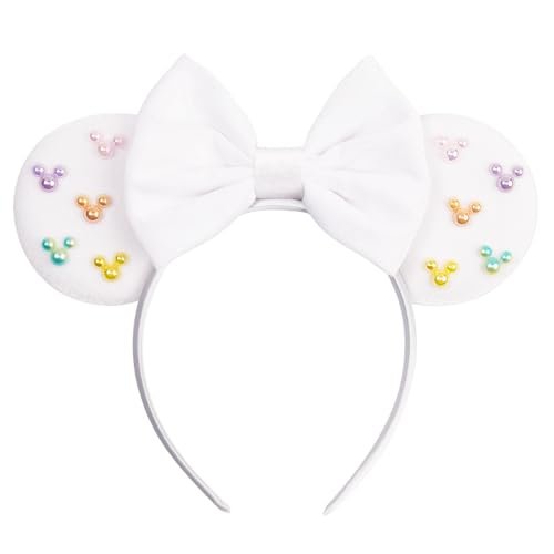 White Velvet Mouse Ears Headband with Matte Bow & Candy-Colored Pearls - Bianbaistar Birthday & Theme Park Accessory - görsel 2