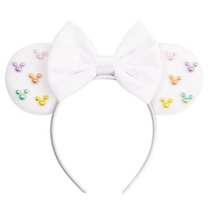 White Velvet Mouse Ears Headband with Matte Bow & Candy-Colored Pearls - Bianbaistar Birthday & Theme Park Accessory