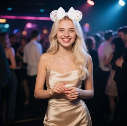 White Velvet Mouse Ears Headband with Matte Bow & Candy-Colored Pearls - Bianbaistar Birthday & Theme Park Accessory