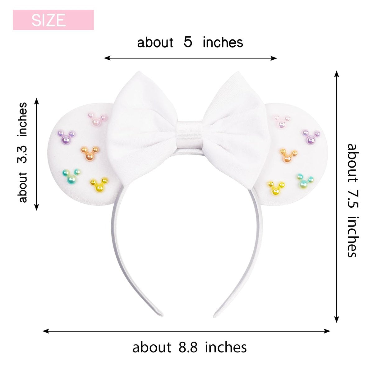 White Velvet Mouse Ears Headband with Matte Bow & Candy-Colored Pearls - Bianbaistar Birthday & Theme Park Accessory - görsel 7