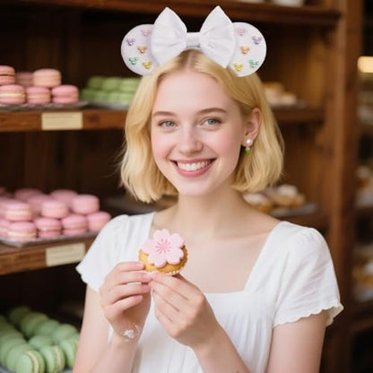 White Velvet Mouse Ears Headband with Matte Bow & Candy-Colored Pearls - Bianbaistar Birthday & Theme Park Accessory
