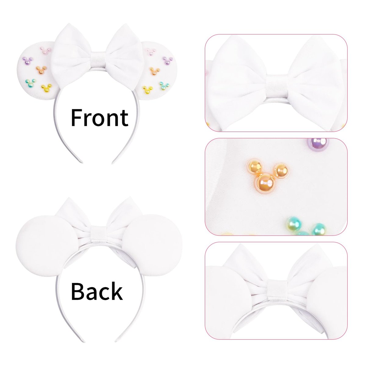 White Velvet Mouse Ears Headband with Matte Bow & Candy-Colored Pearls - Bianbaistar Birthday & Theme Park Accessory - görsel 9
