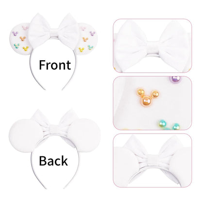 White Velvet Mouse Ears Headband with Matte Bow & Candy-Colored Pearls - Bianbaistar Birthday & Theme Park Accessory