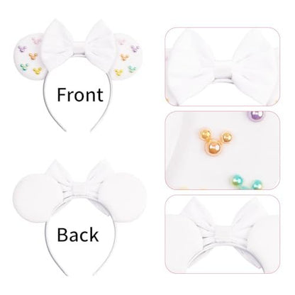 White Velvet Mouse Ears Headband with Matte Bow & Candy-Colored Pearls - Bianbaistar Birthday & Theme Park Accessory