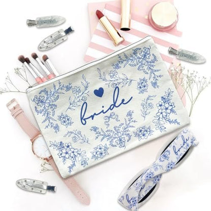 LADY&HOME Blue Bride Makeup Bag – Elegant Cosmetic Bag for Bridal Shower, Wedding & Engagement Gifts