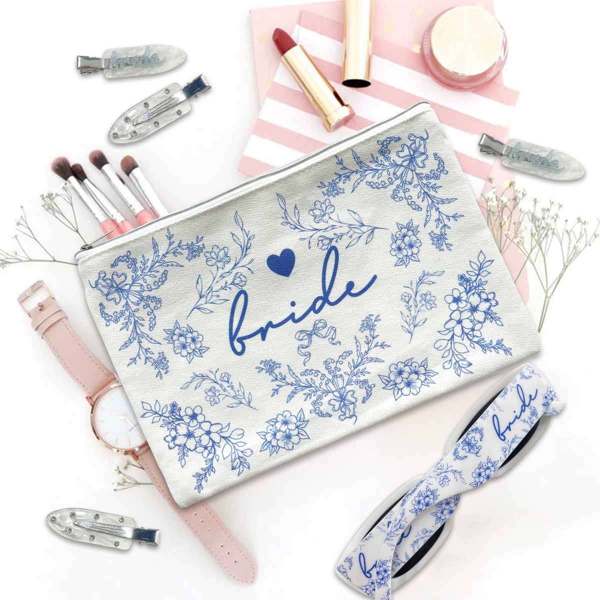 LADY&HOME Blue Bride Makeup Bag – Elegant Cosmetic Bag for Bridal Shower, Wedding & Engagement Gifts - görsel 11