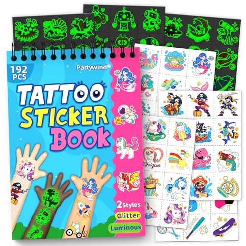Partywind 192 Styles Glow & Glitter Temporary Tattoos Book for Kids - 16 Themes, Party Favors, Classroom Prizes, Birthday Supplies Avelisse