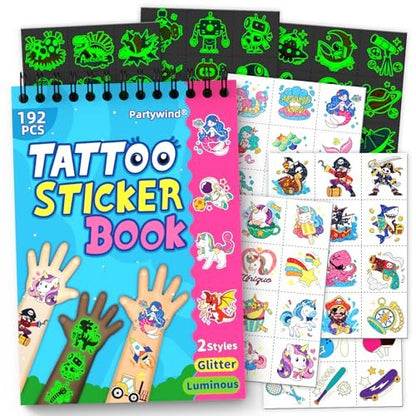 Partywind 192 Styles Glow & Glitter Temporary Tattoos Book for Kids - 16 Themes, Party Favors, Classroom Prizes, Birthday Supplies Avelisse