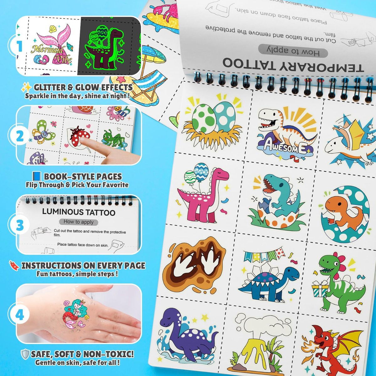 Partywind 192 Styles Glow & Glitter Temporary Tattoos Book for Kids - 16 Themes, Party Favors, Classroom Prizes, Birthday Supplies Avelisse