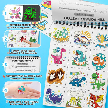 Partywind 192 Styles Glow & Glitter Temporary Tattoos Book for Kids - 16 Themes, Party Favors, Classroom Prizes, Birthday Supplies Avelisse