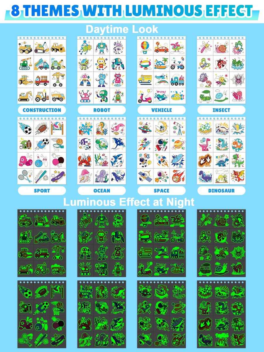 Partywind 192 Styles Glow & Glitter Temporary Tattoos Book for Kids - 16 Themes, Party Favors, Classroom Prizes, Birthday Supplies Avelisse