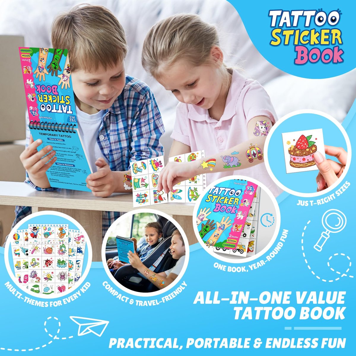 Partywind 192 Styles Glow & Glitter Temporary Tattoos Book for Kids - 16 Themes, Party Favors, Classroom Prizes, Birthday Supplies Avelisse