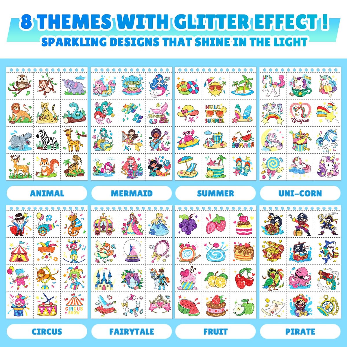 Partywind 192 Styles Glow & Glitter Temporary Tattoos Book for Kids - 16 Themes, Party Favors, Classroom Prizes, Birthday Supplies Avelisse