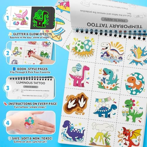 Partywind 192 Styles Glow & Glitter Temporary Tattoos Book for Kids - 16 Themes, Party Favors, Classroom Prizes, Birthday Supplies Avelisse