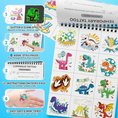 Partywind 192 Styles Glow & Glitter Temporary Tattoos Book for Kids - 16 Themes, Party Favors, Classroom Prizes, Birthday Supplies Avelisse