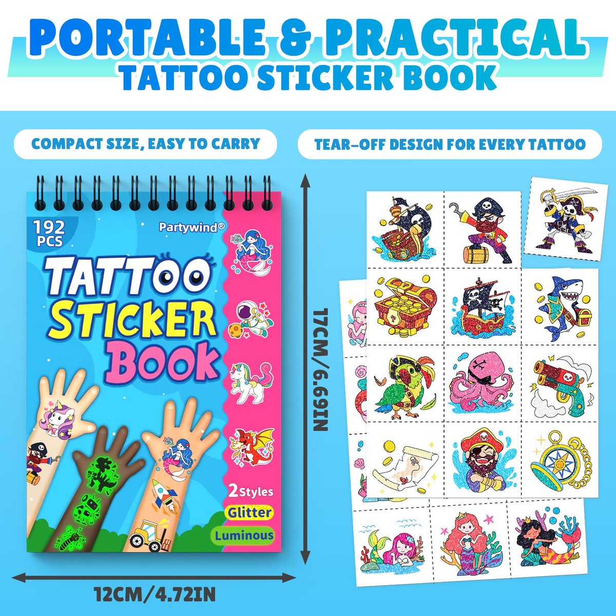 Partywind 192 Styles Glow & Glitter Temporary Tattoos Book for Kids - 16 Themes, Party Favors, Classroom Prizes, Birthday Supplies Avelisse