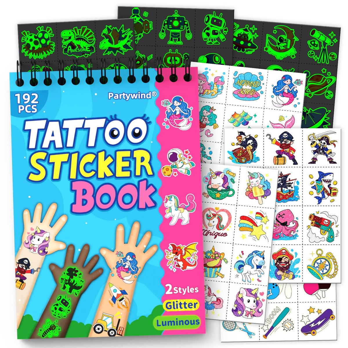 Partywind 192 Styles Glow & Glitter Temporary Tattoos Book for Kids - 16 Themes, Party Favors, Classroom Prizes, Birthday Supplies Avelisse