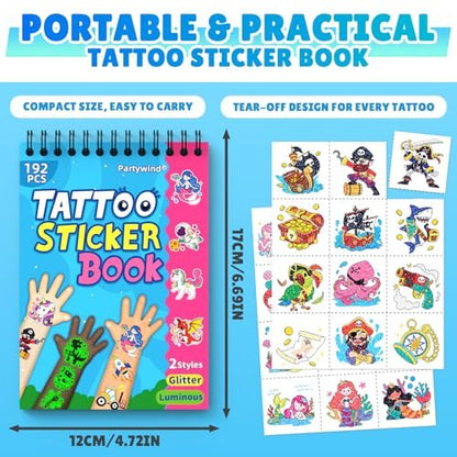 Partywind 192 Styles Glow & Glitter Temporary Tattoos Book for Kids - 16 Themes, Party Favors, Classroom Prizes, Birthday Supplies Avelisse