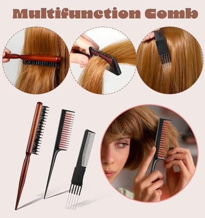 3-Piece Hair Teasing Comb Set for Women – Metal Teaser Comb for Volume, Backcombing, and Slick Back Styles – Fine Hair Friendly