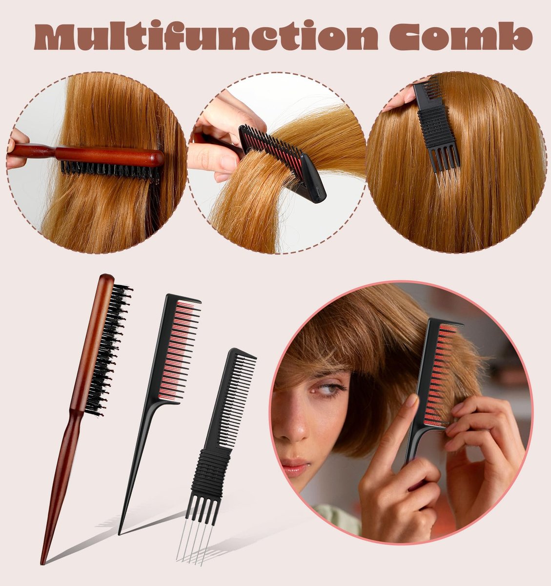 3-Piece Hair Teasing Comb Set for Women – Metal Teaser Comb for Volume, Backcombing, and Slick Back Styles – Fine Hair Friendly - görsel 13