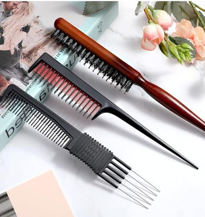 3-Piece Hair Teasing Comb Set for Women – Metal Teaser Comb for Volume, Backcombing, and Slick Back Styles – Fine Hair Friendly