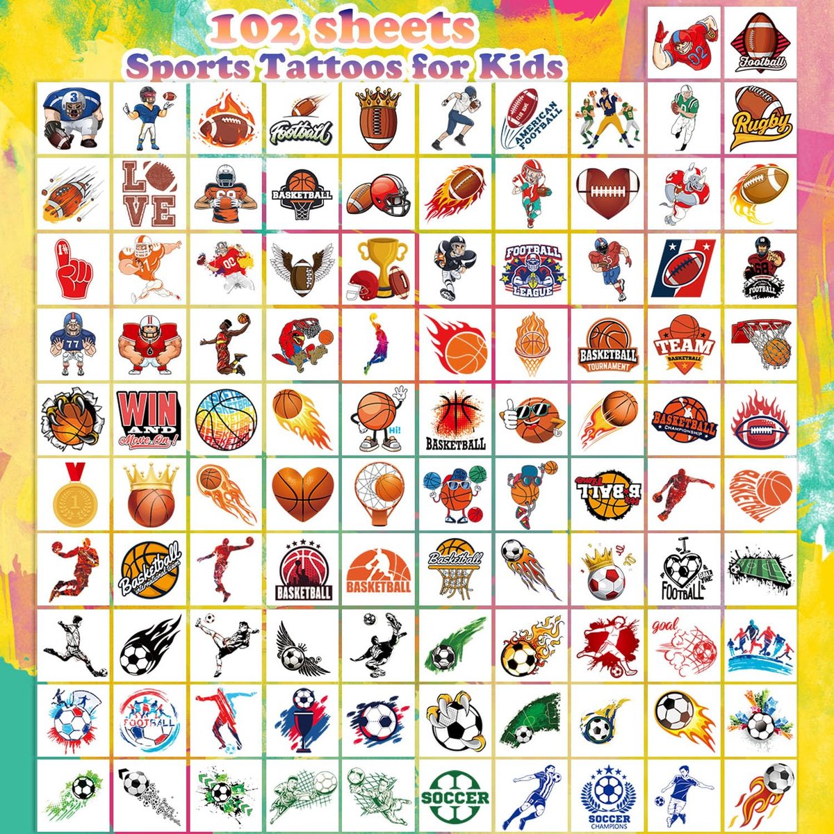 102 PCS Individually Wrapped Sports Temporary Tattoos for Kids - Soccer, Basketball, Baseball, Football Temporary Tattoos for Boys Girls Body Arm Shoulder Fun Stickers Supplies Gifts - görsel 3