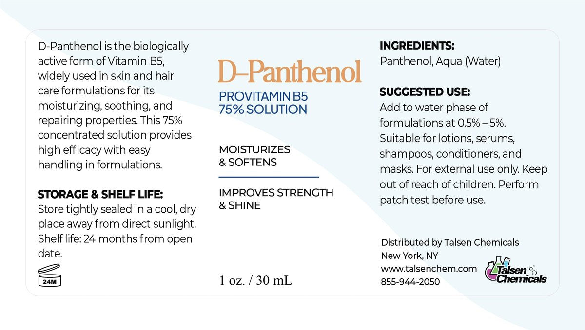 D-Panthenol Liquid 75% Provitamin B5 Solution (1 Oz / 30 mL) – Moisturizing Ingredient for Skin, Hair, and Cosmetic Formulations by Talsen Chemicals Avelisse