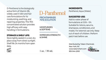D-Panthenol Liquid 75% Provitamin B5 Solution (1 Oz / 30 mL) – Moisturizing Ingredient for Skin, Hair, and Cosmetic Formulations by Talsen Chemicals Avelisse