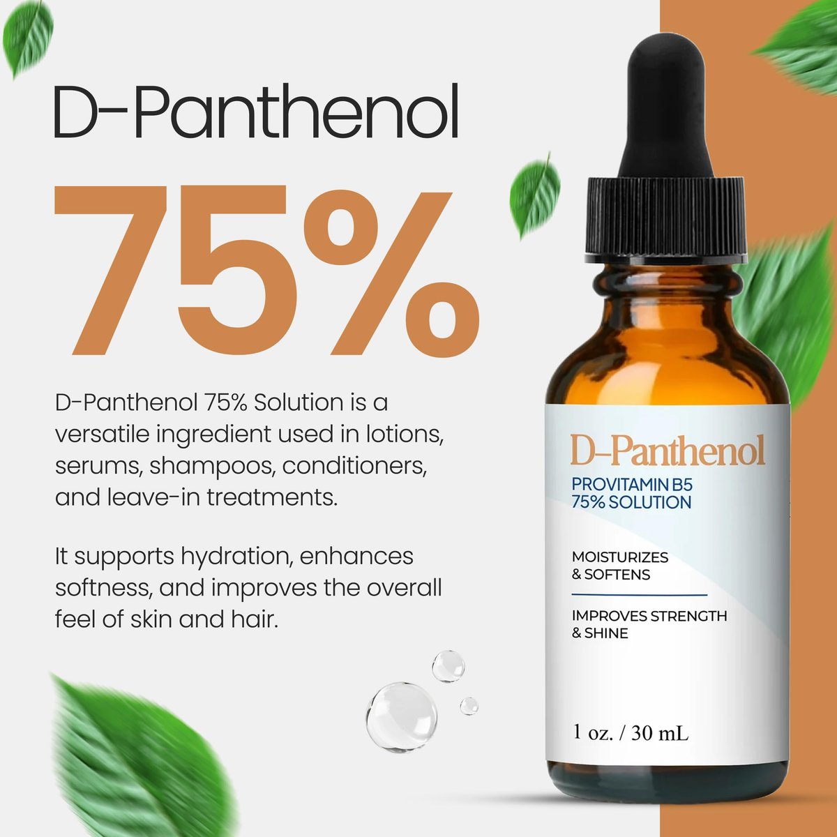 D-Panthenol Liquid 75% Provitamin B5 Solution (1 Oz / 30 mL) – Moisturizing Ingredient for Skin, Hair, and Cosmetic Formulations by Talsen Chemicals Avelisse