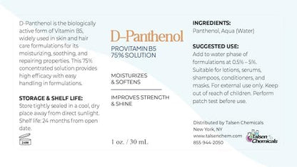 D-Panthenol Liquid 75% Provitamin B5 Solution (1 Oz / 30 mL) – Moisturizing Ingredient for Skin, Hair, and Cosmetic Formulations by Talsen Chemicals Avelisse