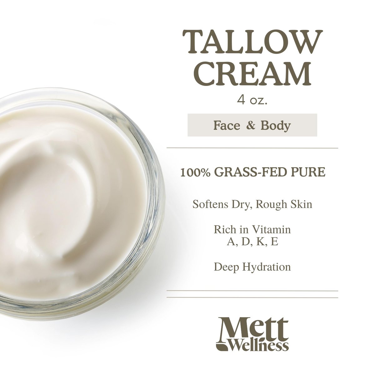 Mett Wellness Whipped Tallow Cream - 4oz Fragrance-Free Face & Body Moisturizer Rich in Essential Fatty Acids & Vitamins A, D, E, K with Collagen - görsel 3