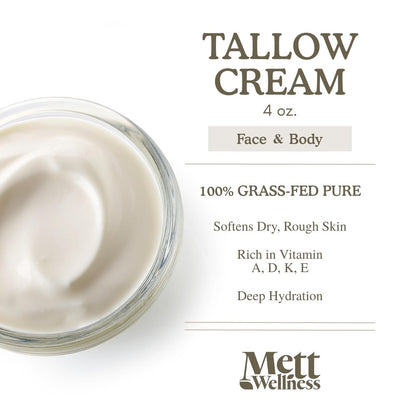 Mett Wellness Whipped Tallow Cream - 4oz Fragrance-Free Face & Body Moisturizer Rich in Essential Fatty Acids & Vitamins A, D, E, K with Collagen