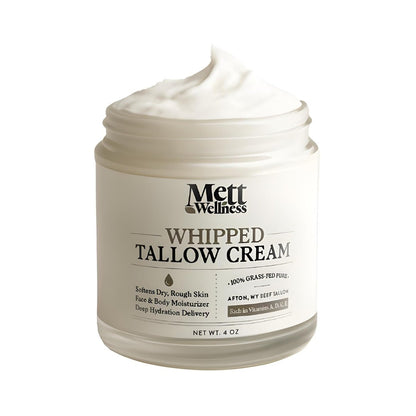 Mett Wellness Whipped Tallow Cream - 4oz Fragrance-Free Face & Body Moisturizer Rich in Essential Fatty Acids & Vitamins A, D, E, K with Collagen