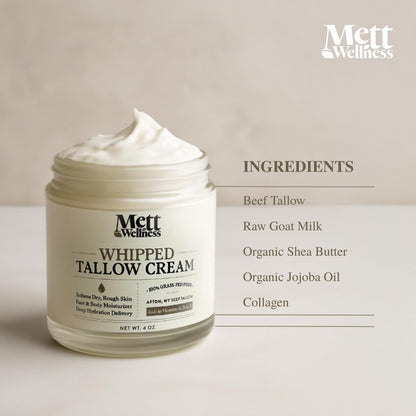 Mett Wellness Whipped Tallow Cream - 4oz Fragrance-Free Face & Body Moisturizer Rich in Essential Fatty Acids & Vitamins A, D, E, K with Collagen
