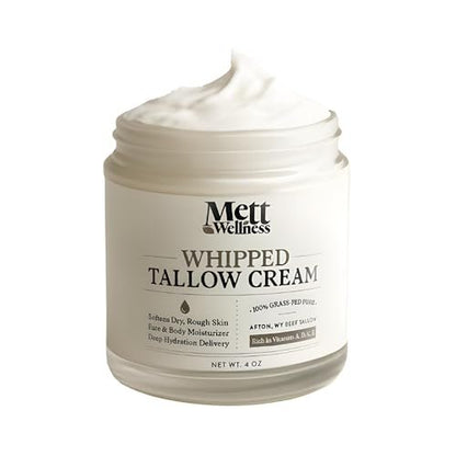 Mett Wellness Whipped Tallow Cream - 4oz Fragrance-Free Face & Body Moisturizer Rich in Essential Fatty Acids & Vitamins A, D, E, K with Collagen