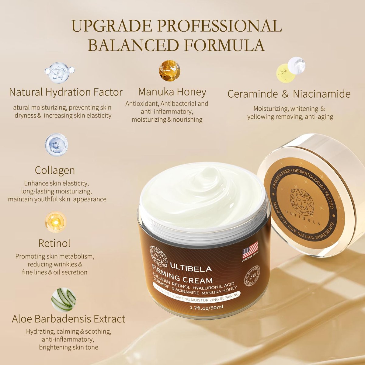 ULTIBELA Tighten and Lift Neck Cream – Deep Hydration Neck Firming Cream with Retinol, Collagen & Honey, Anti-Aging & Wrinkle Moisturizer for Face, Neck & Décolleté, 1.7 Fl Oz Avelisse