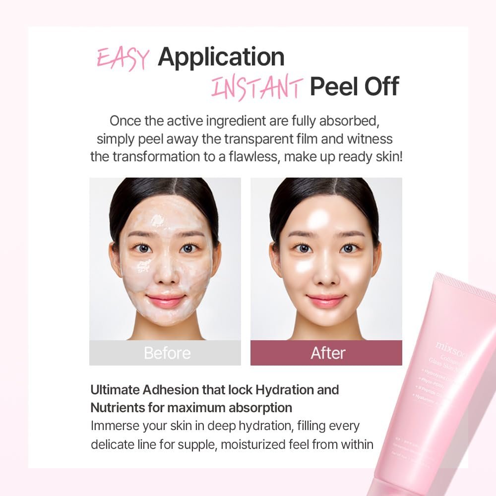 mixsoon Collagen Glass Skin Mask - Hydrating and Firming Collagen Wrapping Peel Off Mask, Low Molecular Face Mask, Radiant Smooth Finish for Glowing Skin, 80ml / 2.71 fl.oz. Korean Glass Skin Care Avelisse