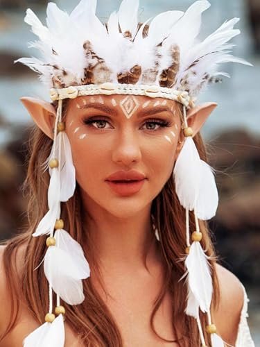 GORTIN White Feather Headband – Boho Indian Headdress Costume Hair Accessory for Women