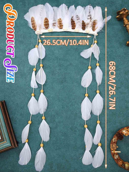 GORTIN White Feather Headband – Boho Indian Headdress Costume Hair Accessory for Women