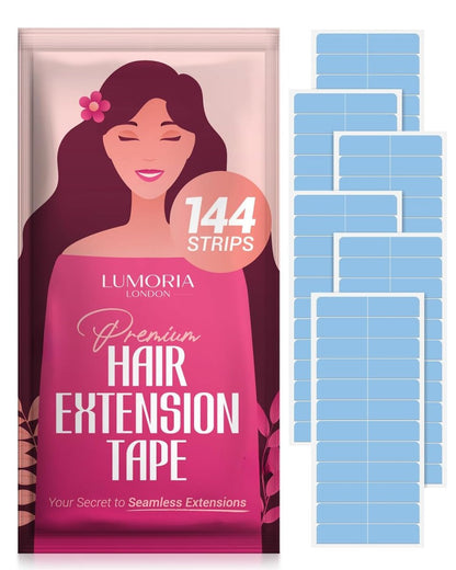 LUMORIA Hair Extension Tape (144 Tabs) – Clear, 1.6 x 0.3 Inch Pre-Cut Tabs for Tape In Extensions