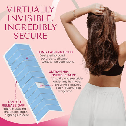 LUMORIA Hair Extension Tape (144 Tabs) – Clear, 1.6 x 0.3 Inch Pre-Cut Tabs for Tape In Extensions