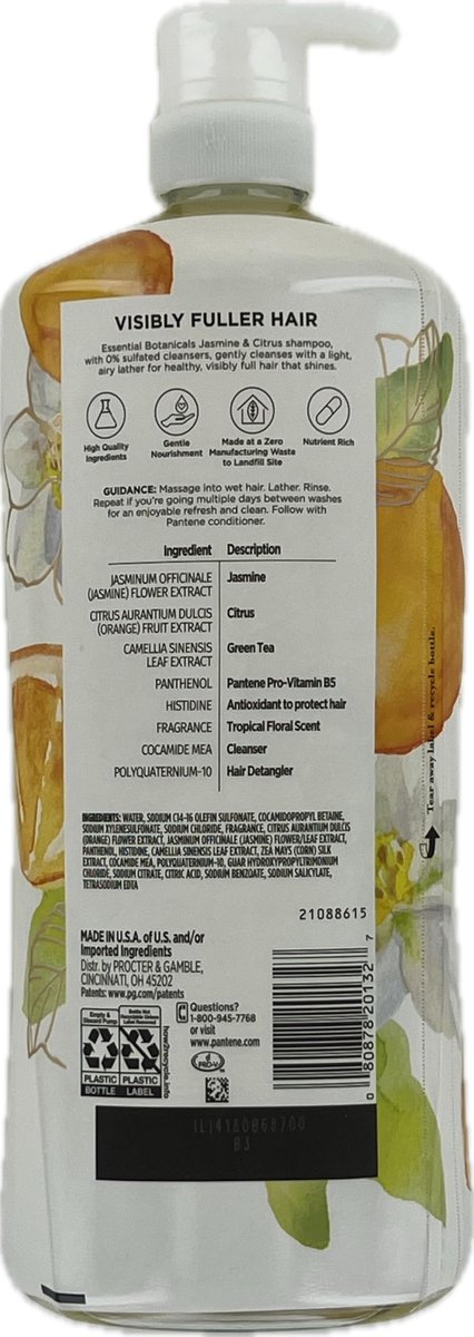 Pantene Essential Botanicals Jasmine & Citrus Shampoo, 38.2 fl oz Avelisse